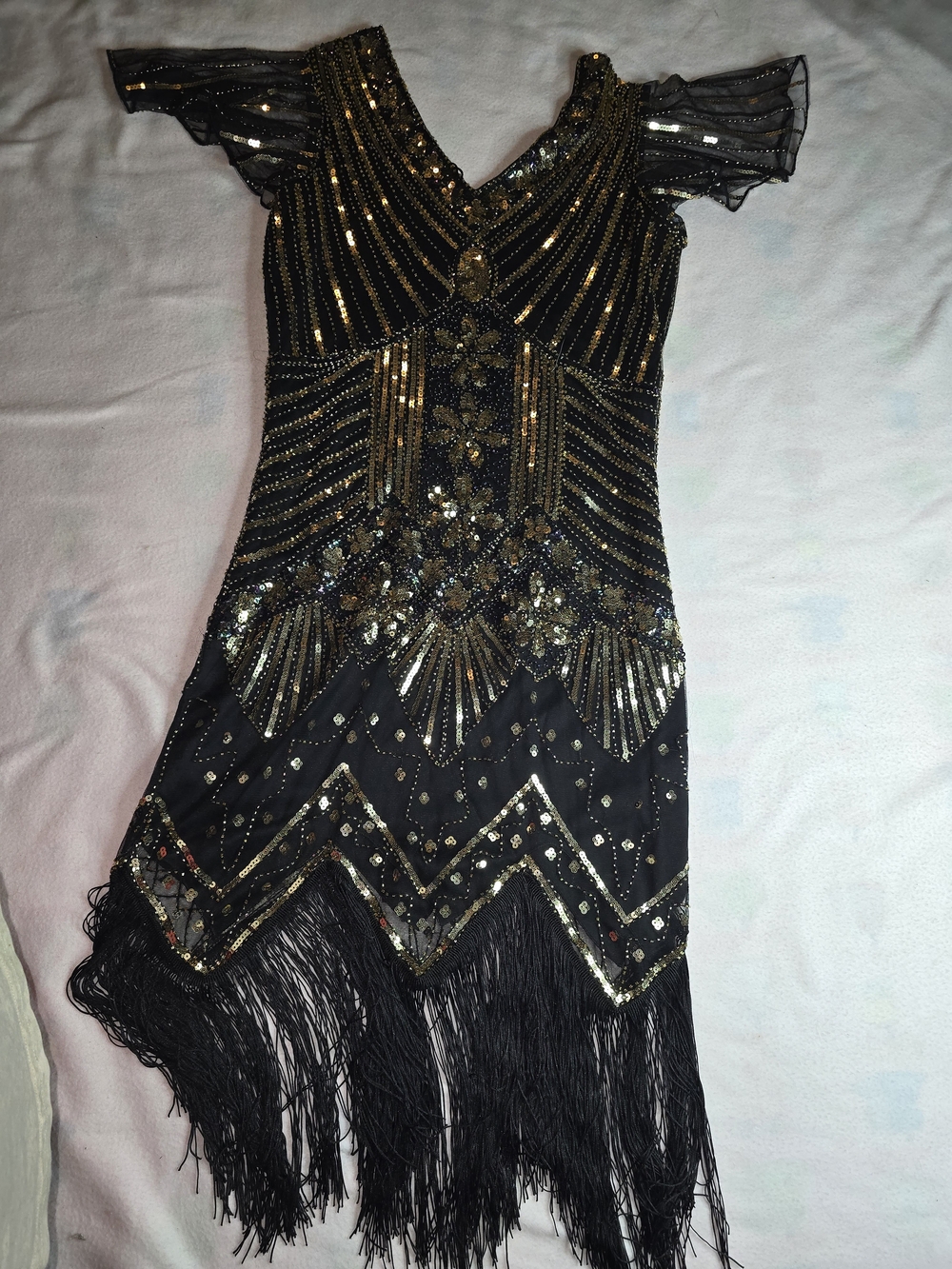 Embellished Black & Gold Art Deco Fringe Midi Dress - Picture 2 of 10